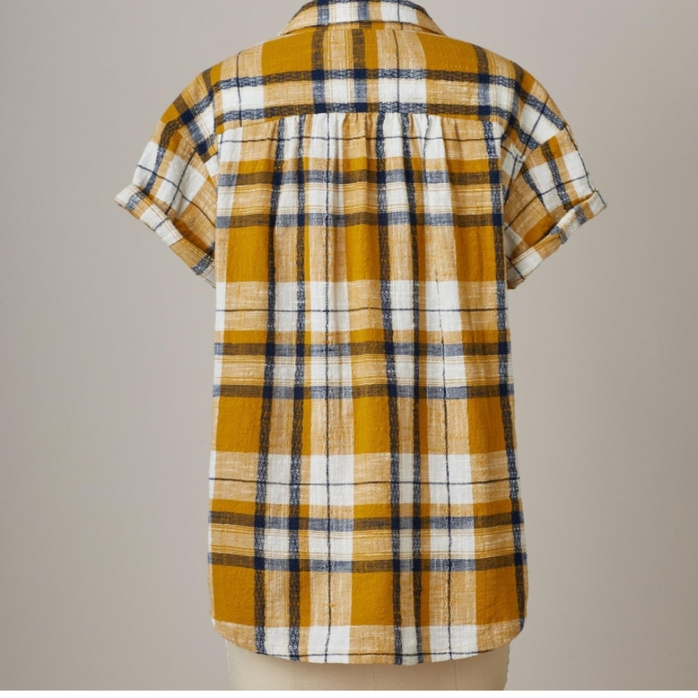 Small Yellow & Blue Short Sleeve Button Up Plaid - Picture 3 of 4
